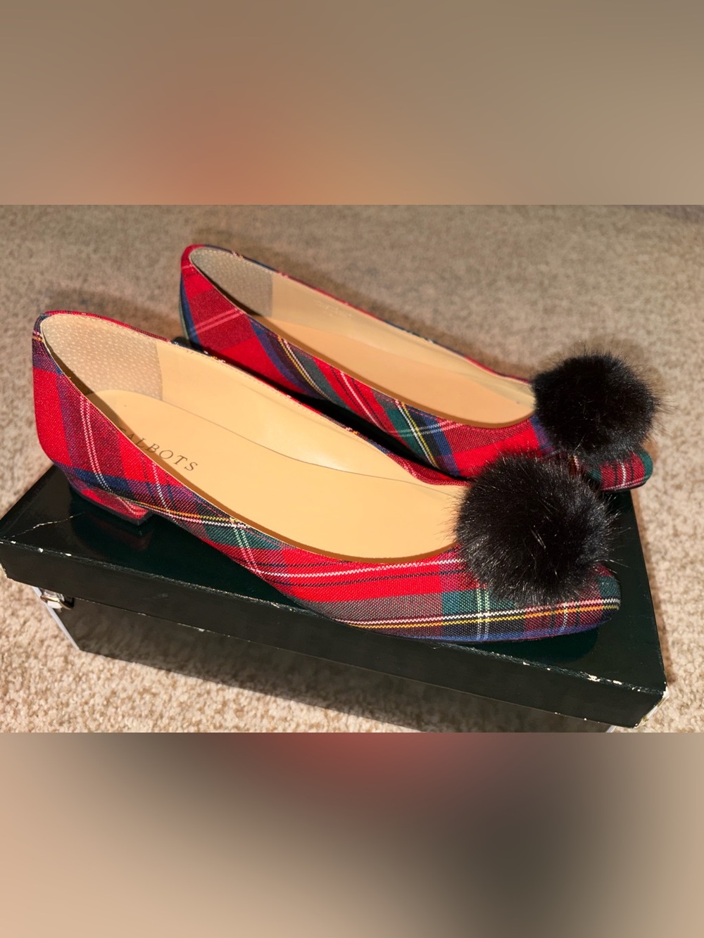 Talbots Red Plaid Ballet Flats with Black Pom Poms